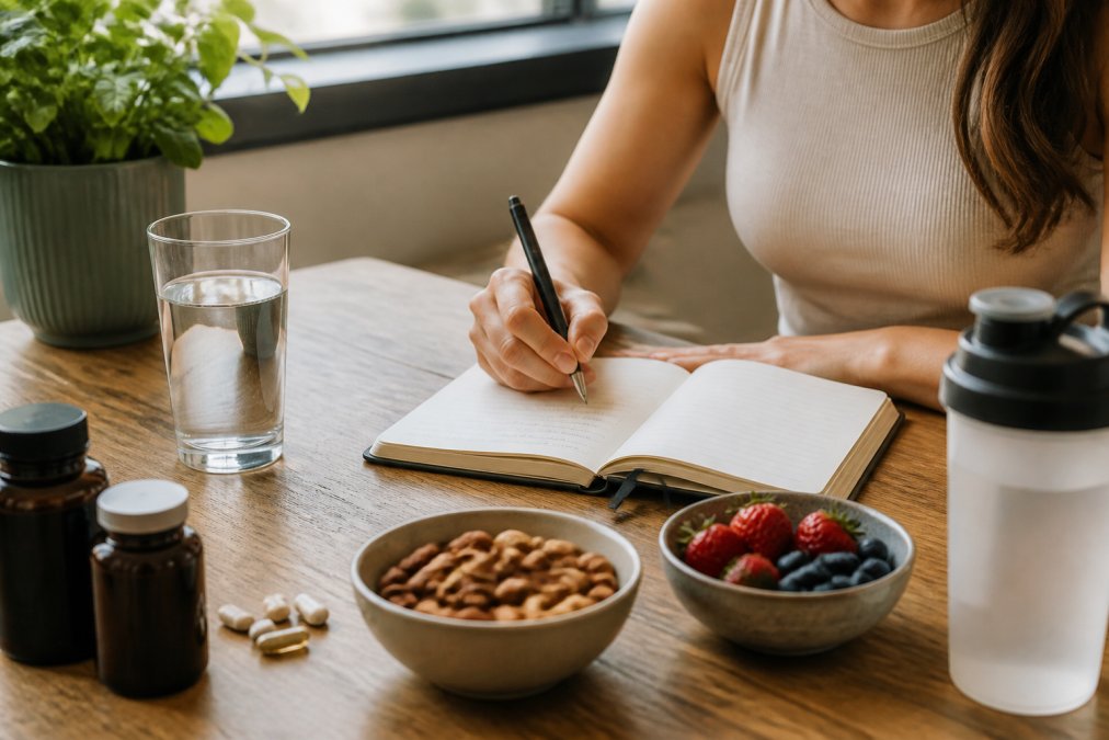 A person writing in a food and energy journal with a pen, cup of water and healthy snacks visible on a desk with natural light