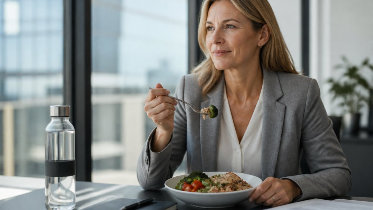 Focused professional eating a balanced meal of vegetables and lean protein at a desk to maintain energy