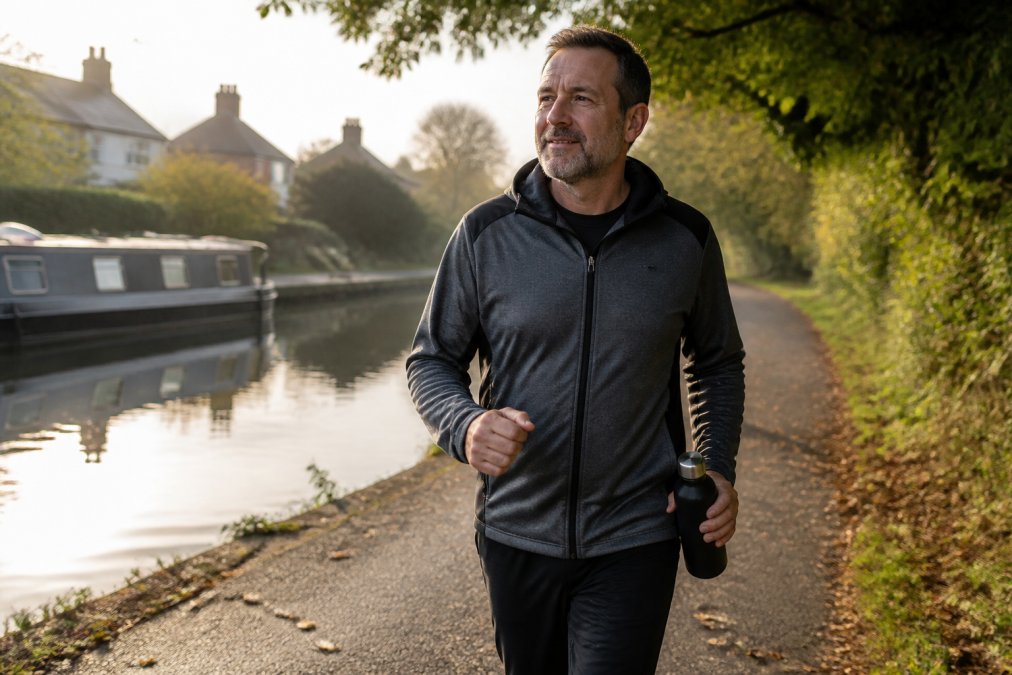 A person in their forties walking briskly along a canal path in the early morning, wearing everyday activewear, with a reusable water bottle in hand