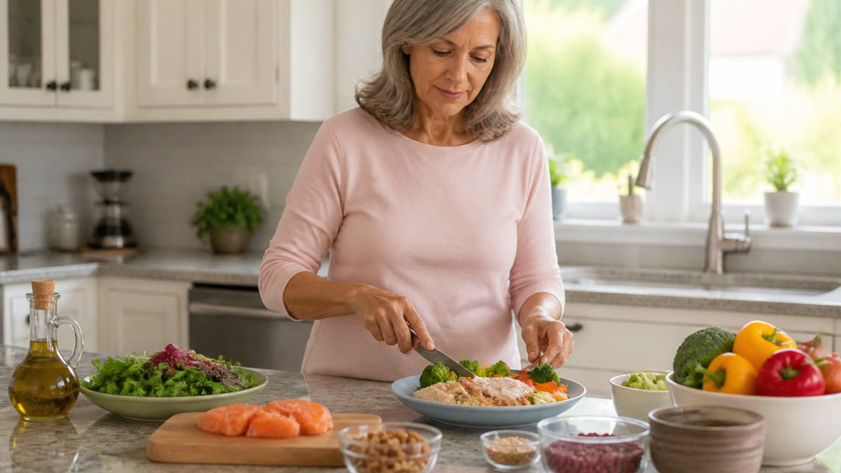 Woman in her 50s preparing a healthy meal with protein and vegetables in a bright, sunlit kitchen.