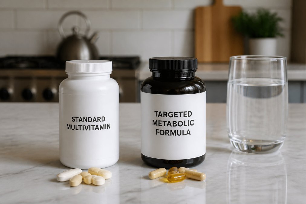 A clean, well-lit flat lay of two supplement containers on a kitchen counter, one labelled as a standard multivitamin and the other as a targeted metabolic formula, with a glass of water nearby