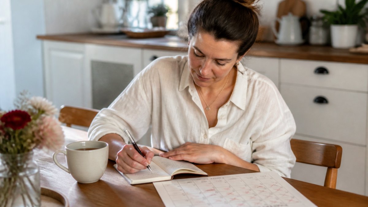 A woman sitting at a kitchen table in soft morning light, writing notes in a small notebook beside a calendar with cycle dates marked, a cup of tea nearby, calm and reflective mood