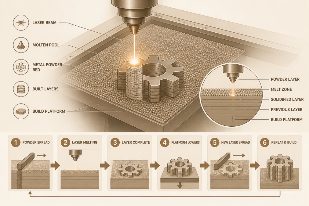 Close-up of metal powder bed with laser beam creating molten pool on build platform, showing layer-by-layer metal 3D printing process in industrial setting with controlled lighting