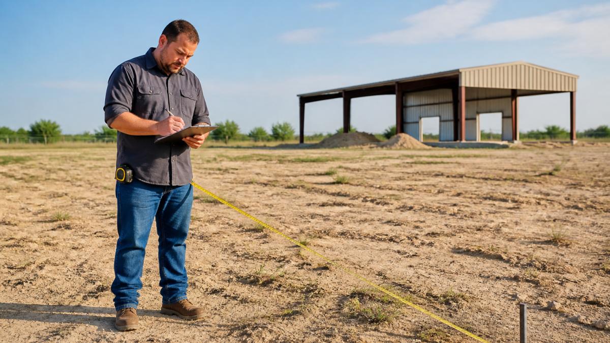 Property owner standing on their land with surveyor's tape measure, reviewing site conditions and taking notes for a metal building project, natural daylight