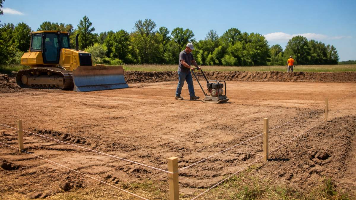 A construction crew using a bulldozer and plate compactor to level and grade a building site for a metal structure, with wooden stakes and string lines marking the building footprint in the foreground under clear afternoon light