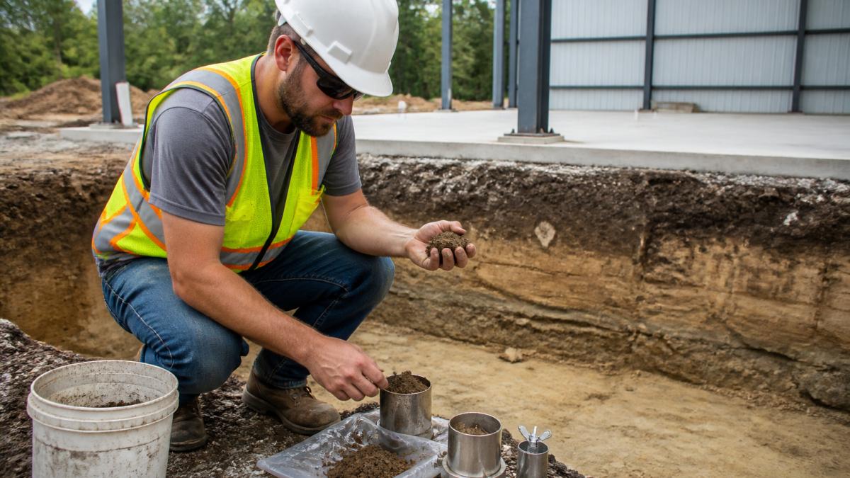 Construction worker examining soil composition and texture at an excavation site, holding soil samples and testing equipment near foundation excavation pit