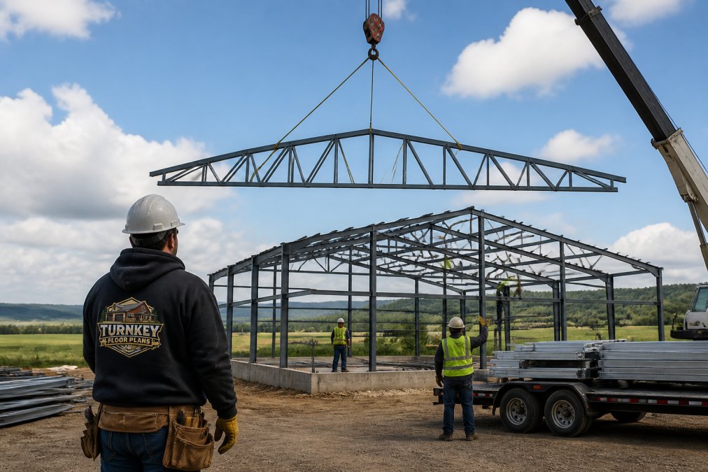 A construction crew using a crane to lift a pre-engineered steel truss into place on a metal building frame, with a rural landscape in the background