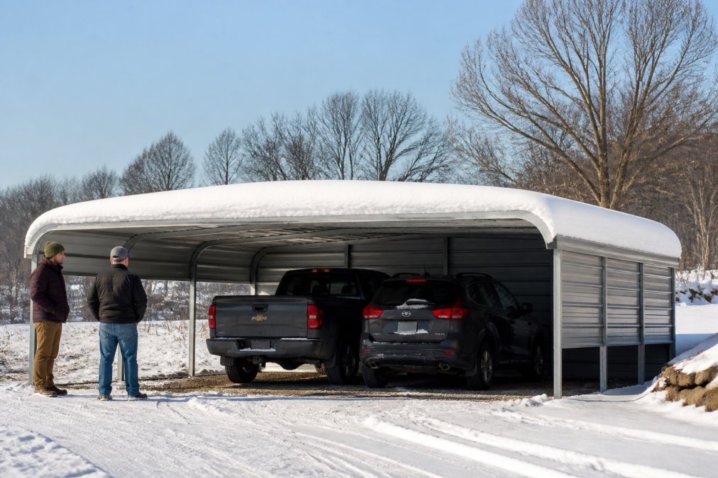 Galvanized steel carport covered in heavy snow, demonstrating the importance of meeting local snow load requirements.