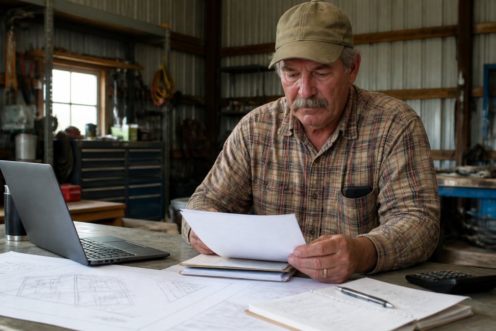 Rancher reviewing metal building suppliers transparent quotes on construction plans and a laptop in a workshop