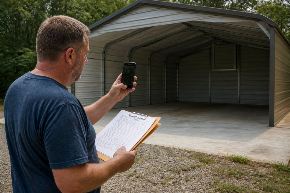 Homeowner reviewing metal building warranty documents in front of a new carport while preparing to take photos