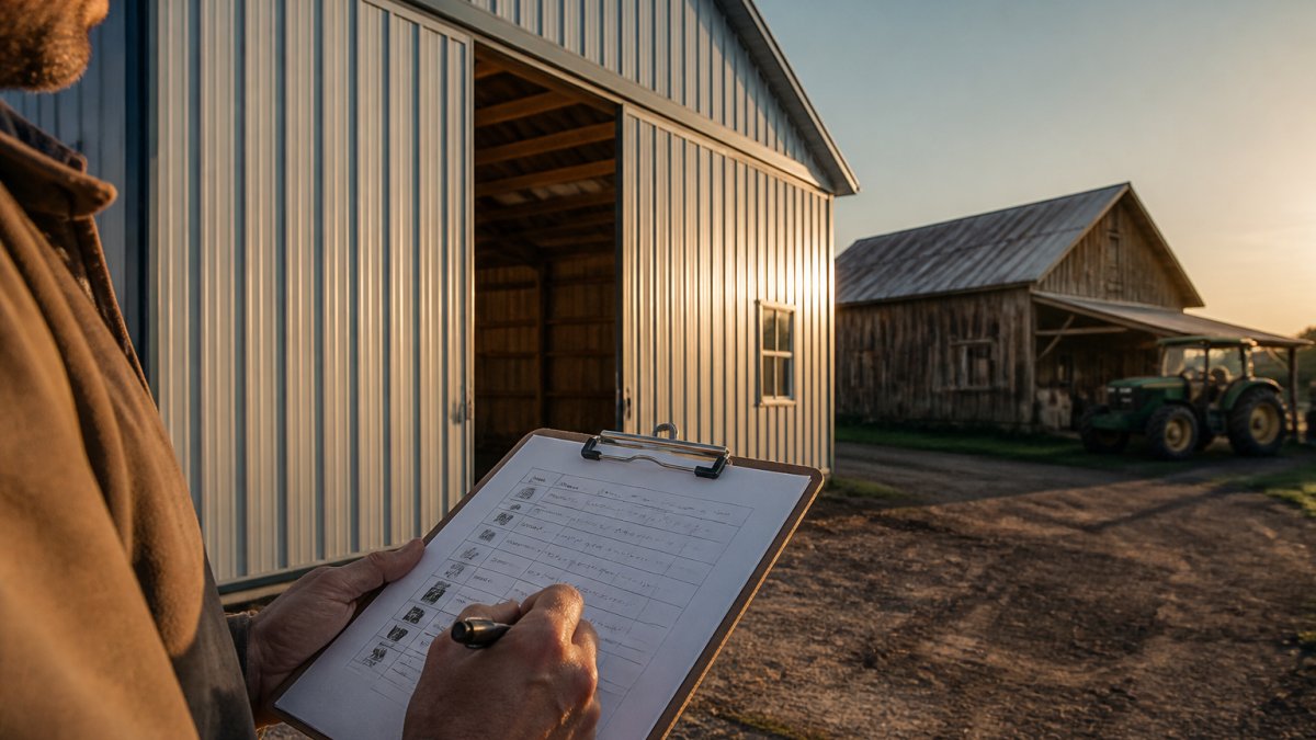 A farmer in work clothes standing beside a large galvanized steel barn, glancing toward an older wooden barn in the background, with a tractor parked nearby under late afternoon light
