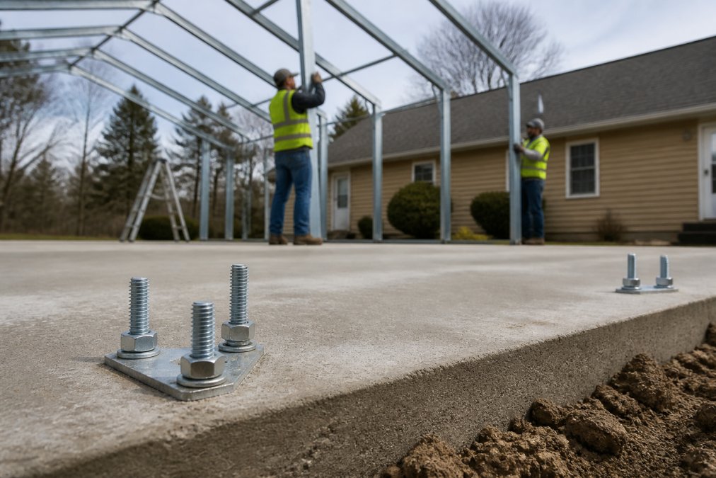 Close-up of anchor bolts set into a freshly poured concrete pad at a residential property, with two workers in high-visibility vests positioning a galvanized steel carport frame in the background on a clear afternoon