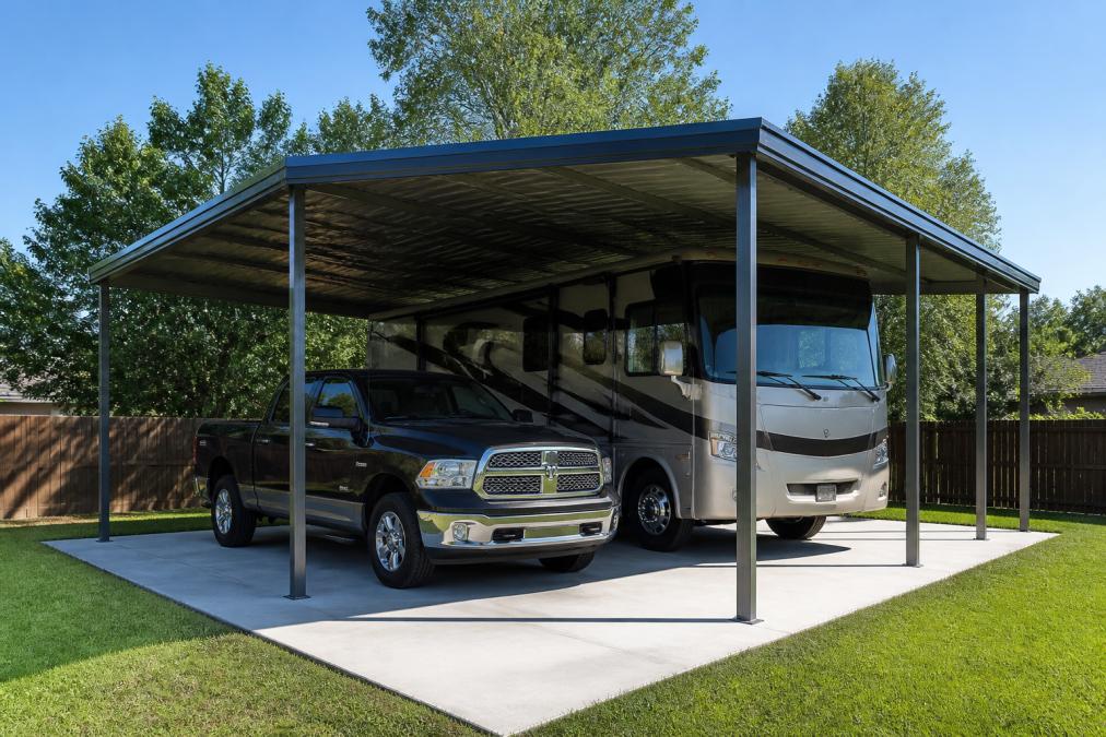 A finished vertical-roof metal carport installed over a concrete pad in a suburban backyard on a sunny day, with a full-size pickup truck and a Class A RV parked underneath, green grass visible around the perimeter