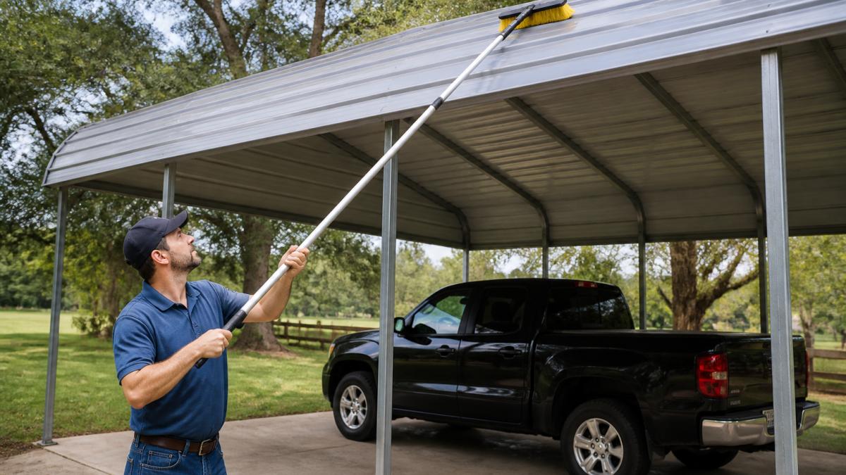 Professional demonstrating proper technique using an extension pole with soft-bristled brush to clean metal carport panels from the ground, showing safe cleaning stance and positioning