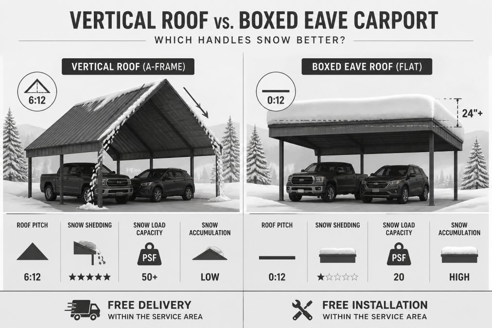 Infographic comparing metal carport roof styles for heavy snow, showing vertical versus boxed eave snow shedding.