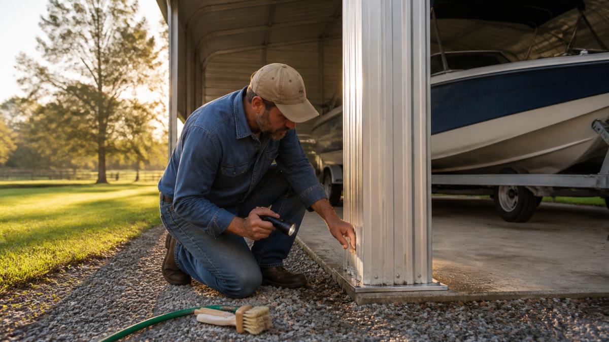 Homeowner inspecting a metal carport column for rust to protect their carport warranty coverage during routine maintenance.