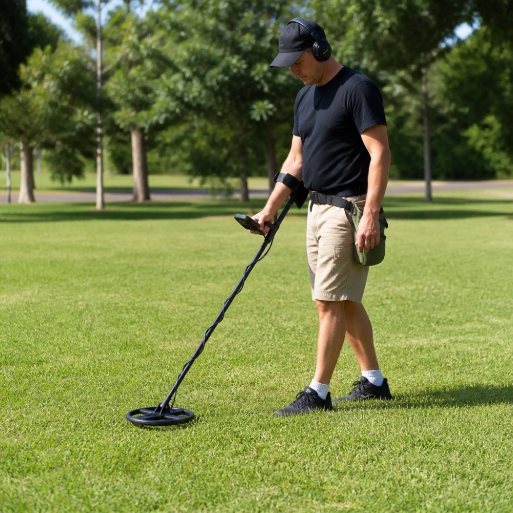 A beginner holding a metal detector in a sunny grassy park, sweeping the coil slowly in a straight line just above the ground, with a finds pouch on their hip