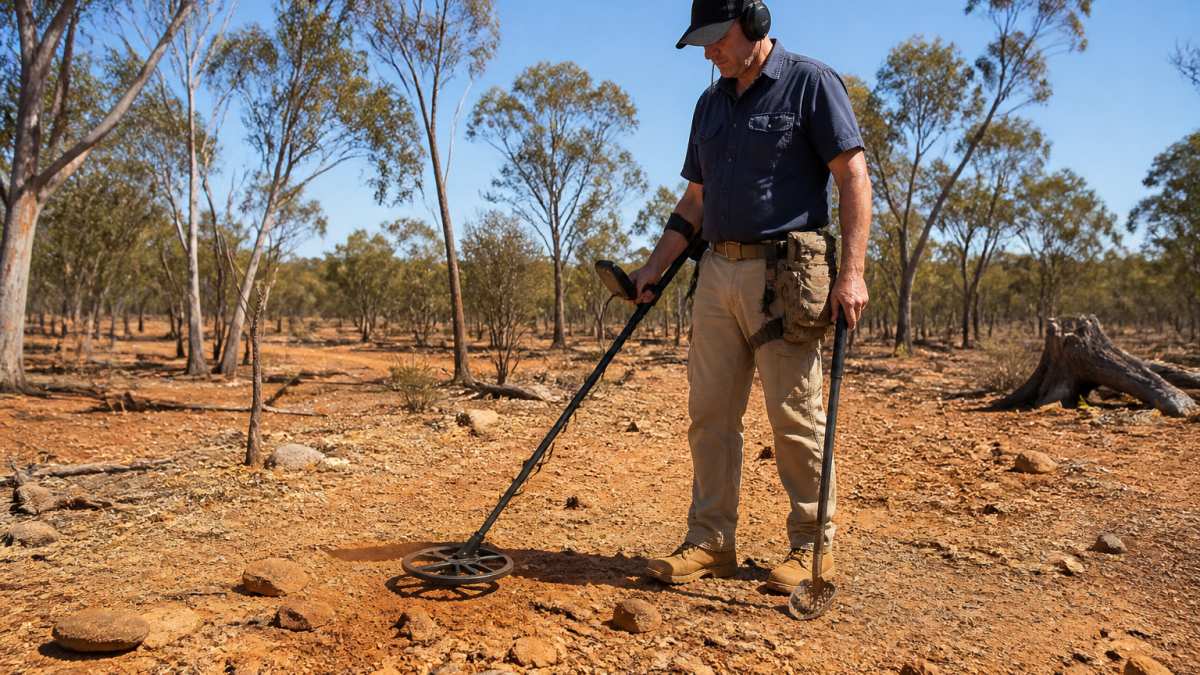 Detectorist searching for gold in an open field using a metal detector, digger tool, and recovery pouch.