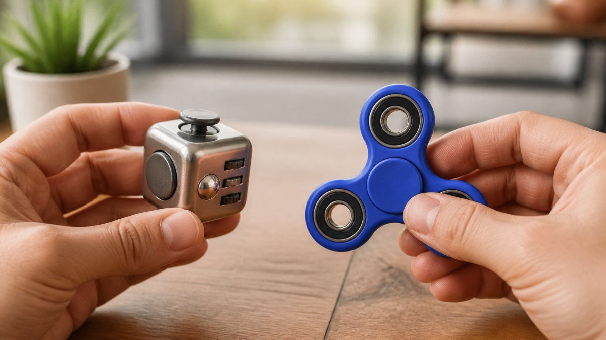 Close-up of hands holding a metallic fidget cube and a plastic fidget spinner side by side on a wooden desk, soft window light, shallow depth of field