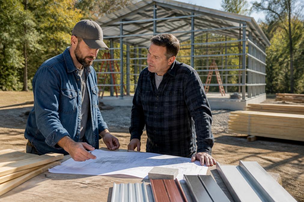 A homeowner and contractor reviewing blueprints and material samples on a wooden table outside, with a partially built steel-framed garage and stacked lumber visible in the background on a sunny day