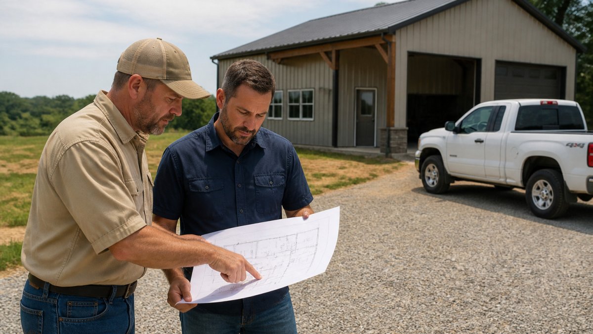 Homeowner and contractor reviewing a metal garage living space floor plan on a rural property.