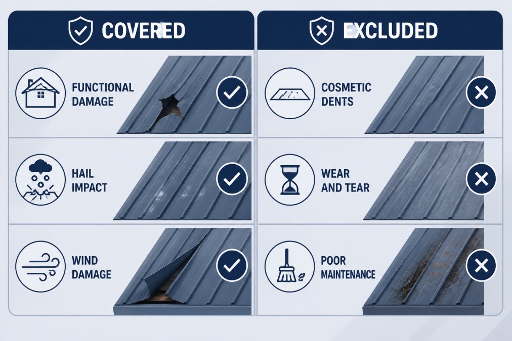 Coverage matrix showing damage types: functional damage covered, cosmetic dents excluded, hail impact covered, wear and tear excluded, wind damage covered, poor maintenance excluded