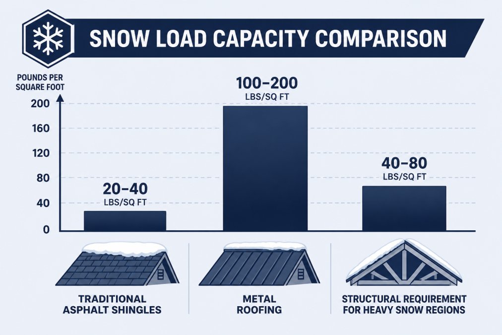 Bar chart comparing snow load capacity in pounds per square foot: traditional asphalt shingles 20-40 lbs/sq ft, metal roofing 100-200 lbs/sq ft, structural requirement for heavy snow regions 40-80 lbs/sq ft
