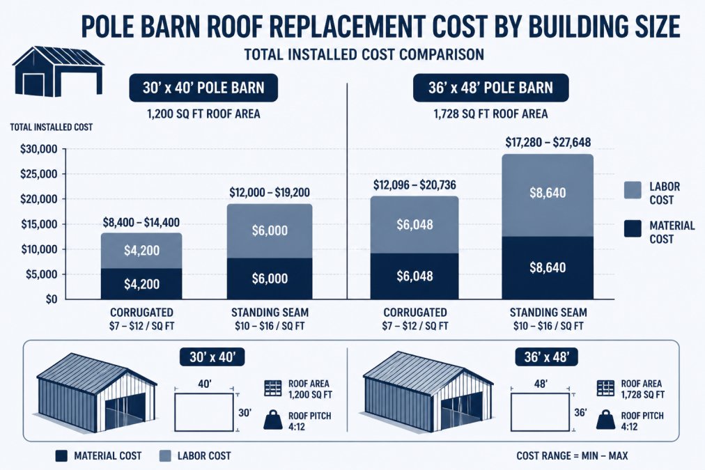 Bar chart comparing total installed costs for 30-by-40 and 36-by-48 pole barns using corrugated ($7-$12/sq ft) and standing seam ($10-$16/sq ft) metal roofing, showing material and labor breakdown