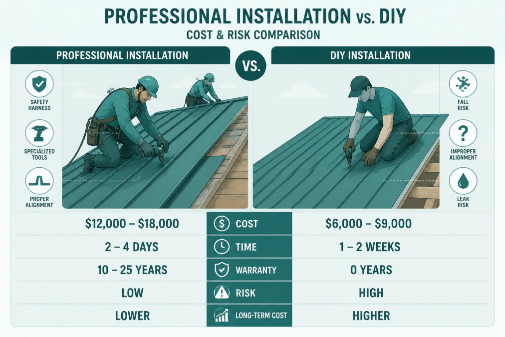 Professional roofing crew installing metal panels on residential roof with safety harnesses and specialized tools visible, showing proper standing seam alignment and fastening technique in bright daylight