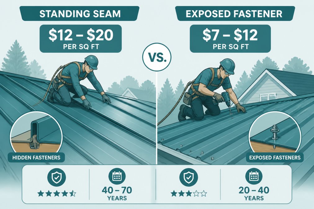 Experienced roofing contractor team working on metal roof installation with proper safety equipment, showing standing seam panel alignment and fastening technique in progress, with visible roof pitch and residential setting