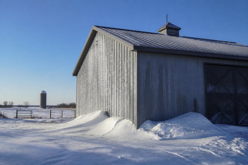 Galvanized steel barn on a snowy rural farm with frost on the metal siding under a clear winter sky