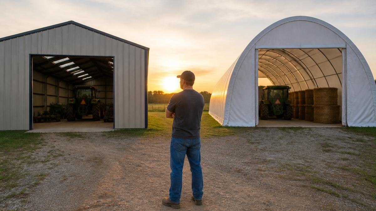 A farmer standing between a galvanized steel storage building and a white fabric hoop barn on a rural property, comparing the two structures at golden hour