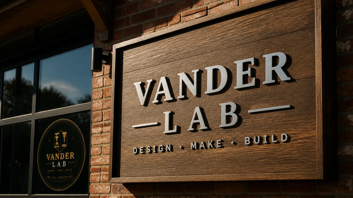 Professional storefront displaying a custom sign featuring brushed aluminum lettering mounted on solid wood backing, natural wood grain visible, mounted on brick exterior with warm afternoon sunlight creating contrast between metal shine and wood texture