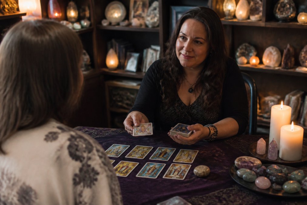 A tarot reader conducting an intuitive reading with a client across a table, with cards, crystals, and candles visible, showing a calm and professional spiritual consultation in soft, warm lighting