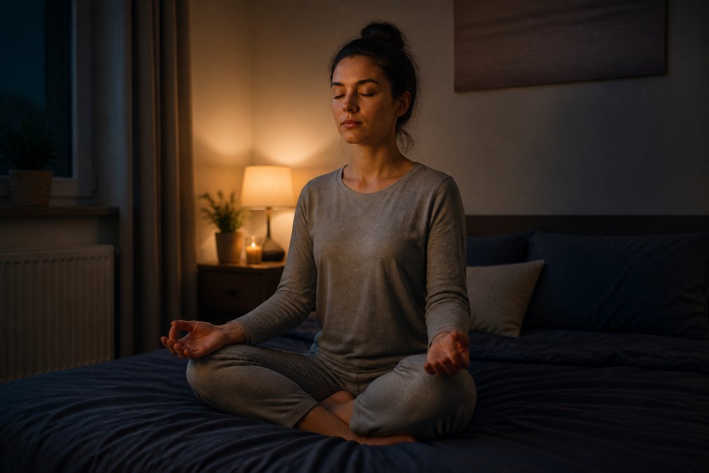 Person sitting upright on a bed in a calm, dimly lit bedroom, eyes closed, hands resting on knees, practising deep breathing with a relaxed posture