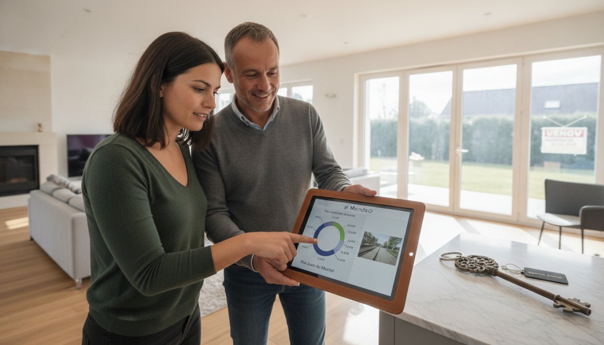 Un agent immobilier montrant une maison à un couple d'acheteurs lors d'une visite, avec une tablette affichant des données de marché et une visite virtuelle 360°