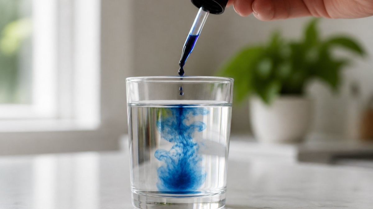 A close-up photograph of a clear glass of water with a single drop of blue liquid dispersing into it, set on a clean white countertop with soft natural light