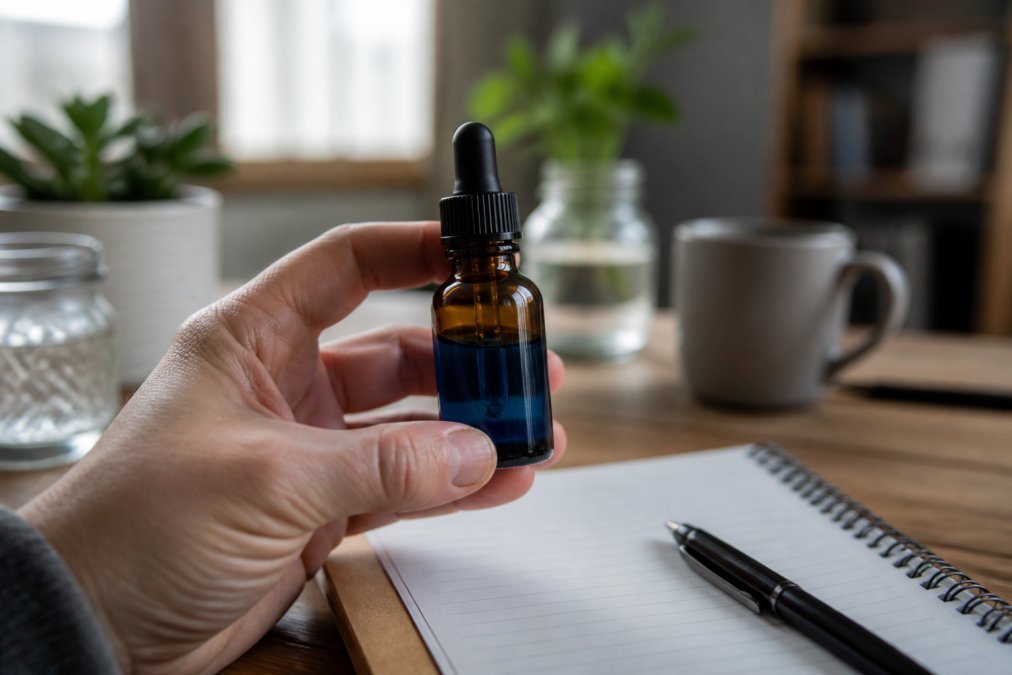 Close-up of a person's hand holding a small amber glass dropper bottle with blue liquid, with a blurred background of a home office desk and notebook