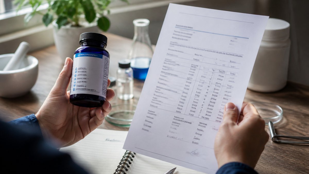 Close-up of hands holding a methylene blue supplement bottle and reviewing a certificate of analysis document on a desk with natural lighting from a window