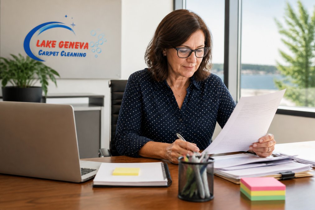 An office manager reviewing a printed checklist at a tidy desk with a laptop, sticky notes, and a pen, in a bright professional office in Lake Geneva, Wisconsin