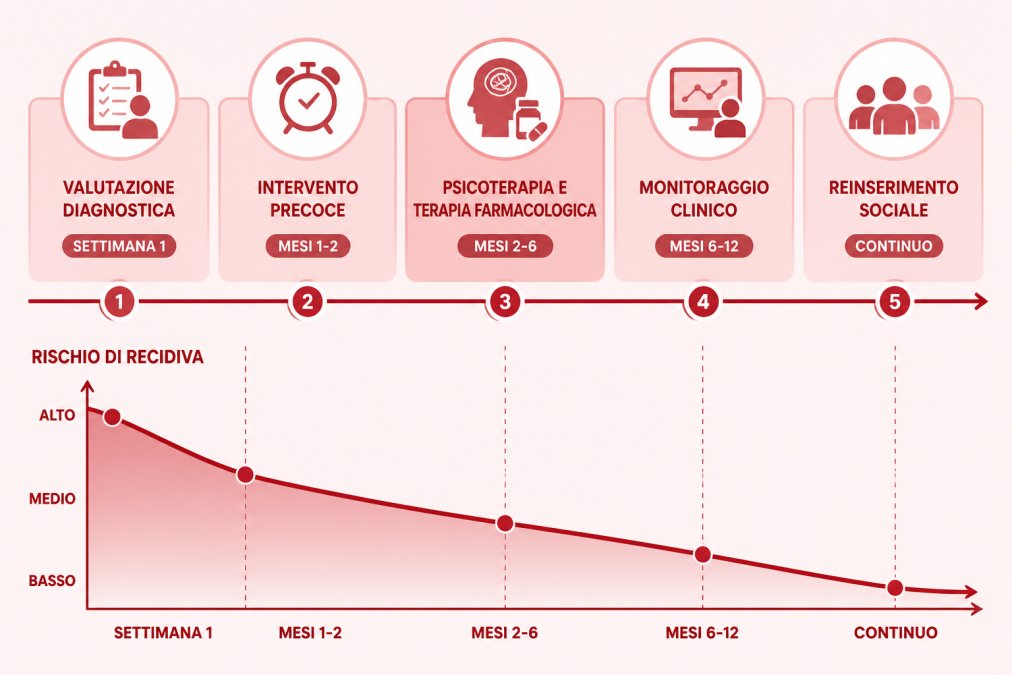 Timeline del percorso di cura: valutazione diagnostica settimana 1, intervento precoce mesi 1-2, psicoterapia e terapia farmacologica mesi 2-6, monitoraggio clinico mesi 6-12, reinserimento sociale; curva del rischio di recidiva in calo con la continuità terapeutica