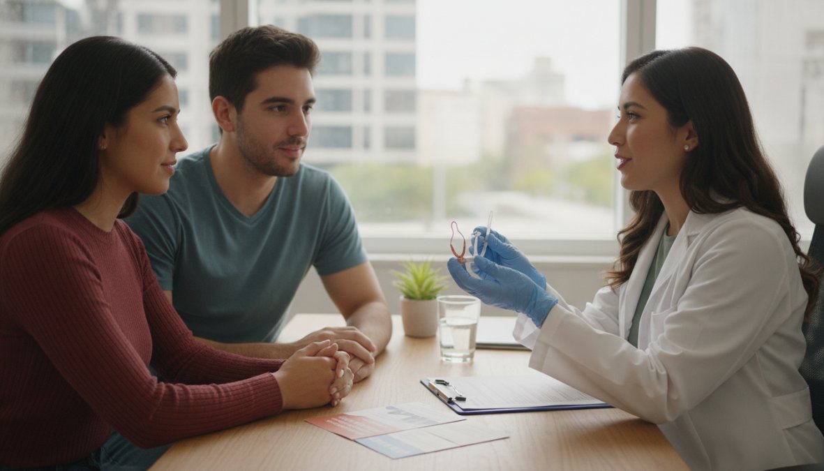 Profesional de salud explicando métodos anticonceptivos larga duración y opciones de DIU a una paciente en consulta.