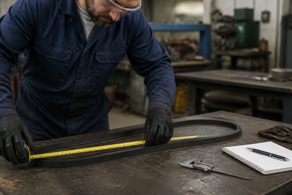 A maintenance technician in work clothes measuring a V-belt with a flexible tape measure on a workbench, with calipers and a notebook nearby