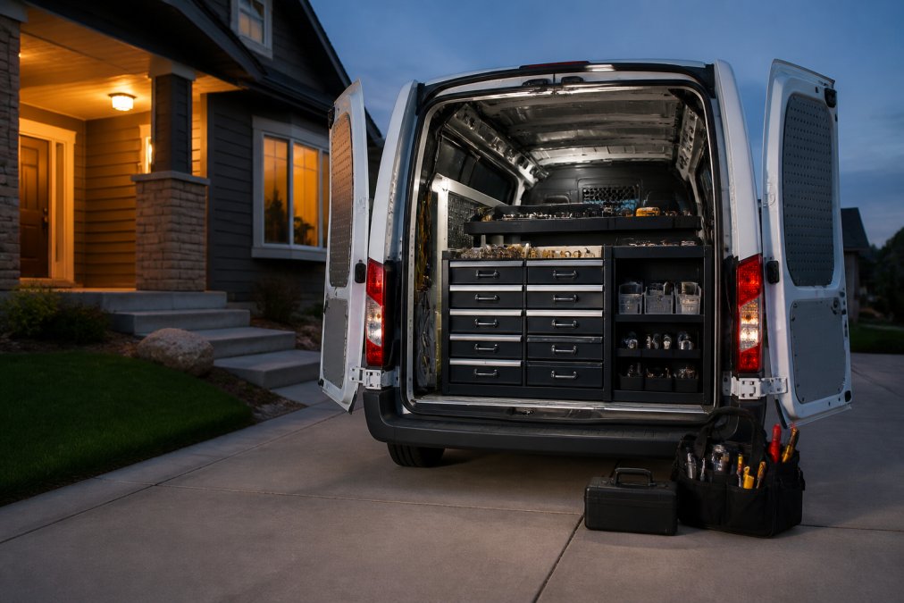 A locksmith van parked at dusk featuring organized tools for a locksmith service review comparison.