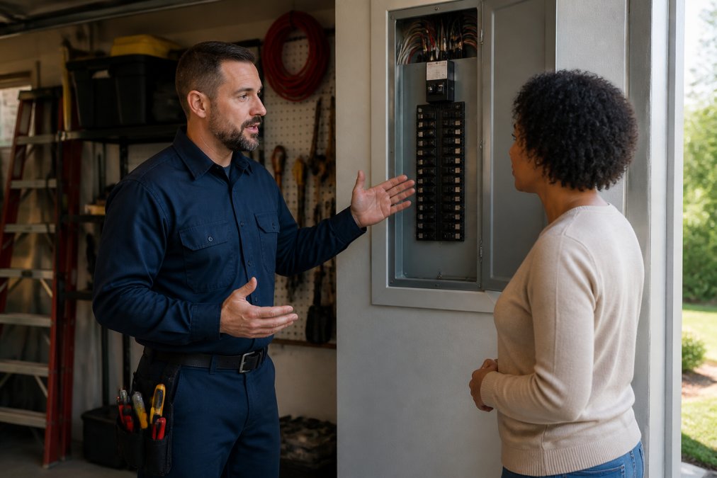 A licensed electrician in a navy uniform consulting with a homeowner beside a residential electrical panel in a bright, organized garage