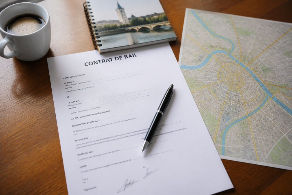 Vue en plongée d'un contrat de bail signé sur une table en bois, à côté d'une tasse de café et d'un stylo, avec un cahier de sortie et un plan de la ville de Montluçon