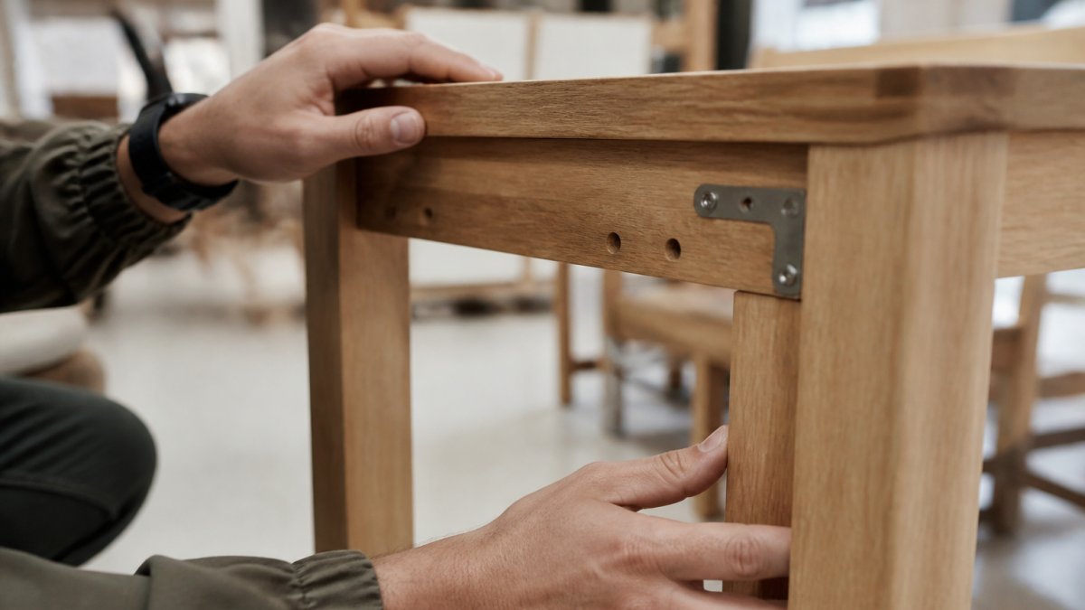 Hands inspecting wooden furniture joints and hardware in natural showroom lighting, examining wood grain and construction details