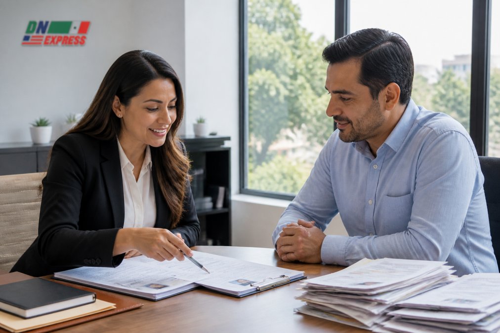 Professional consultant reviewing Mexican citizenship application documents with client at desk in modern office setting, natural lighting from window
