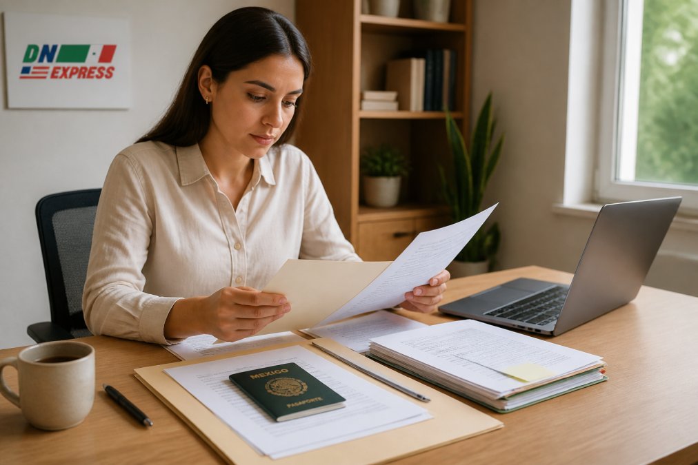 A person at a tidy desk reviewing a neat stack of official documents, folders, and a passport, with a laptop open to an appointment confirmation page in a bright home office