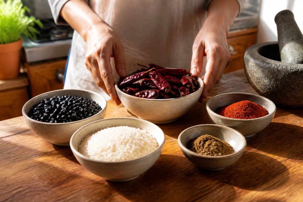 A wooden kitchen counter with small ceramic bowls of dried Mexican chillies, black beans, rice and ground spices, a person's hands arranging the bowls in warm afternoon light